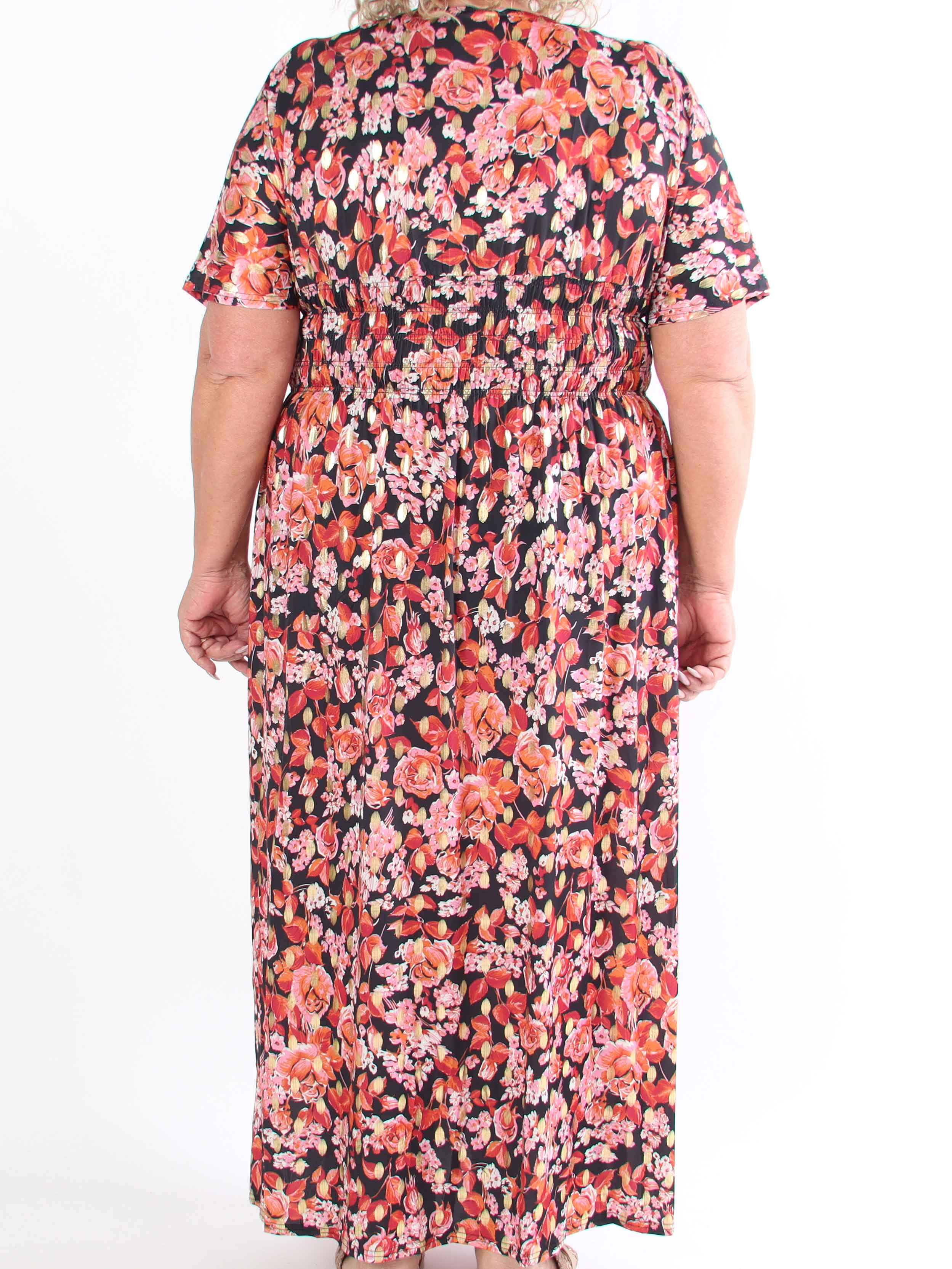 Pams Small Rose - Plus size-klänning med blommigt tryck och gulddetaljer